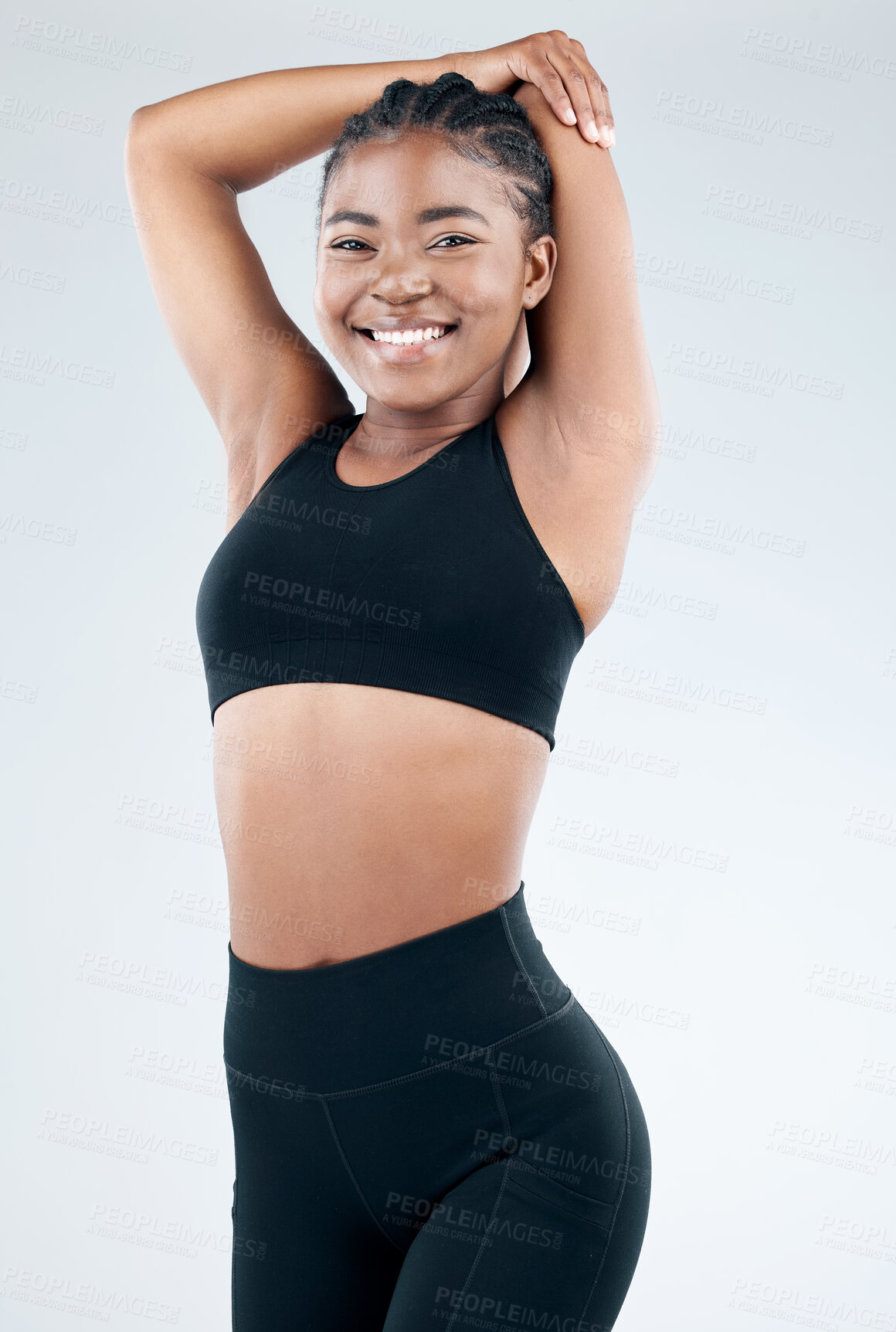 Buy stock photo Black woman, portrait and stretching arms in studio, warm up and prepare for workout on white background. Female person, flexibility and ready for training or exercise, athlete and relief to muscle