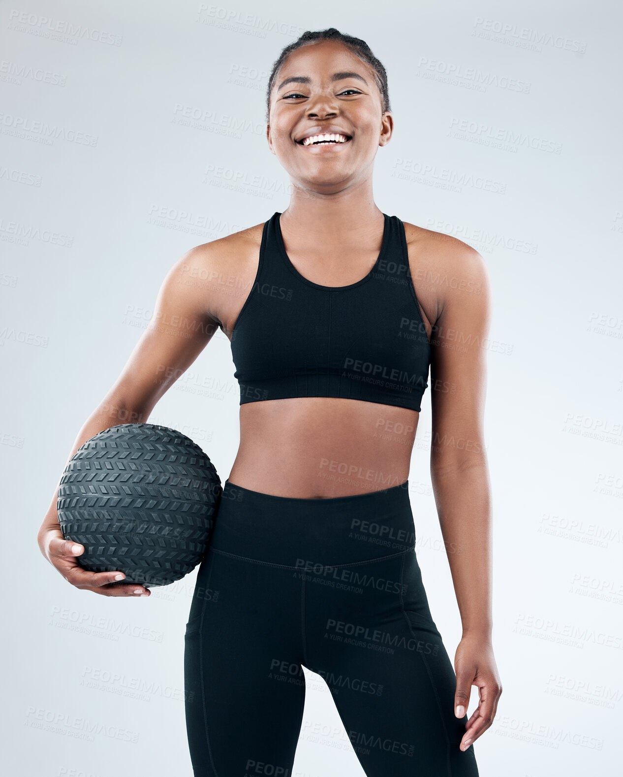 Buy stock photo Portrait, black woman and smile with slam ball in studio on white background for fitness or exercise and health. Female person, happy and confident with workout, progress and results for wellness