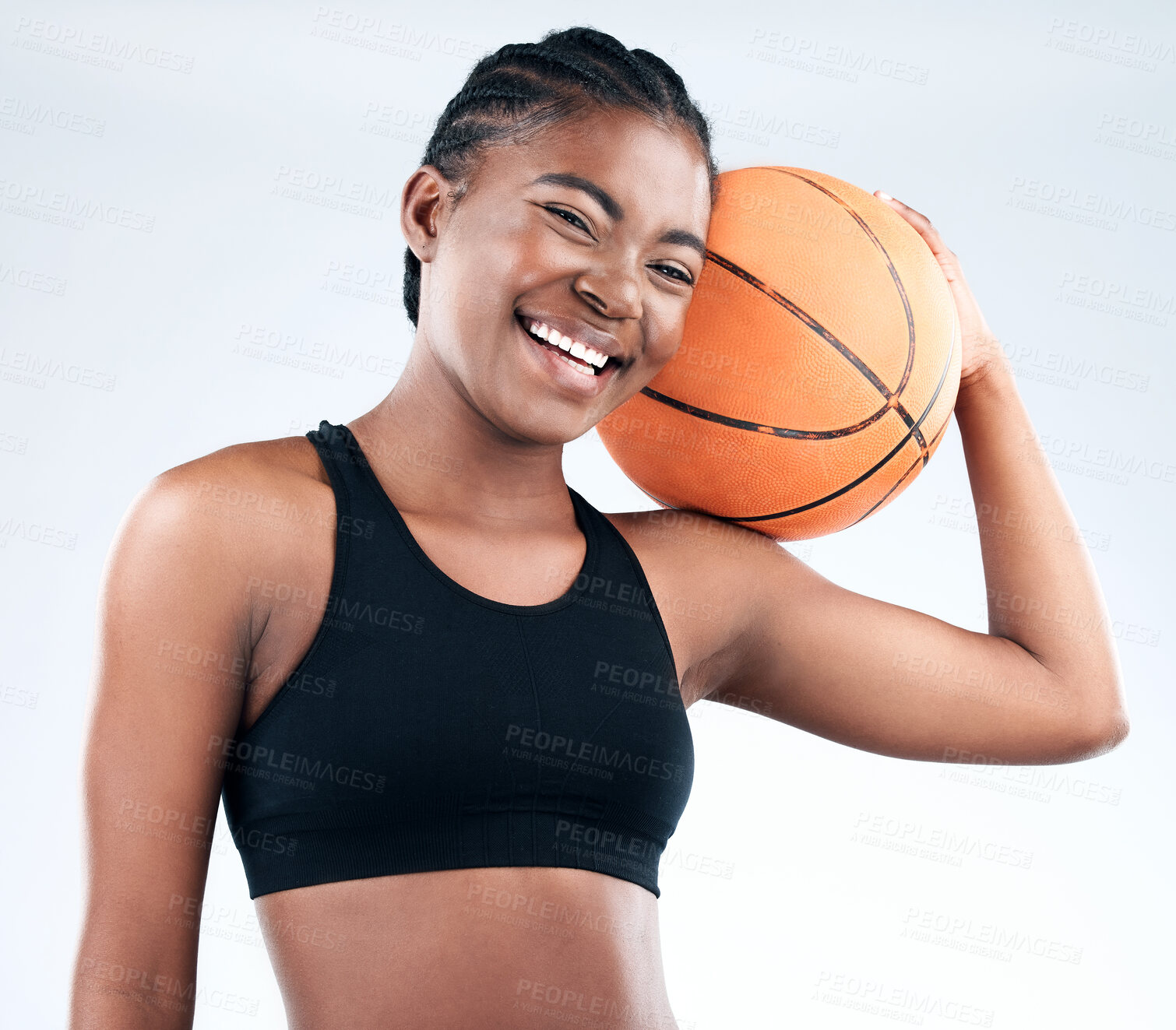 Buy stock photo Portrait, black woman and basket ball in exercise, health and fitness in white background with happiness. Black, female person and excited for workout, training or sport as athlete in studio backdrop