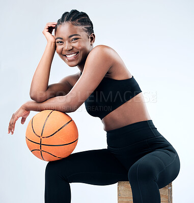 Buy stock photo Happy, portrait and black woman with basket ball, workout and health or fitness in white background. African, female person and excited in sport, exercise or training as athlete in studio backdrop