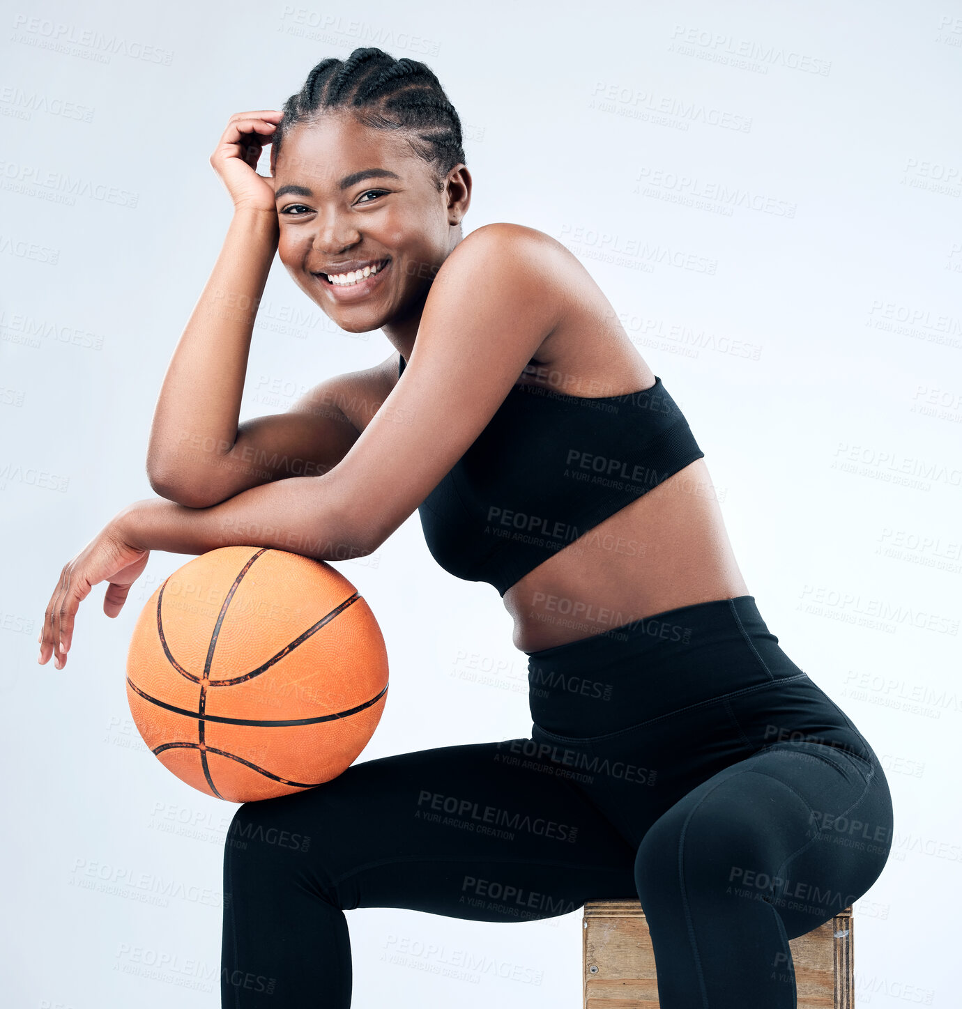 Buy stock photo Happy, portrait and black woman with basket ball, workout and health or fitness in white background. African, female person and excited in sport, exercise or training as athlete in studio backdrop