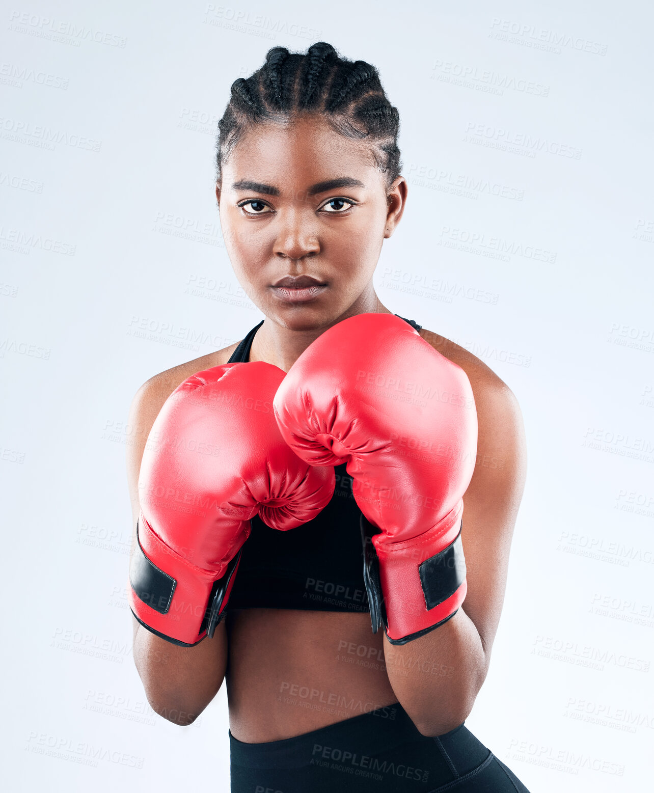 Buy stock photo Black girl, portrait and gloves for boxing in studio, serious and ready for fight on white background. Female person, gear and martial arts practice or challenge, training and fitness for battle