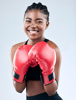 Buy stock photo Black girl, portrait and gloves for boxer in studio, warrior and athlete for fight on white background. Female person, gear and martial arts practice or challenge, training and fitness for battle