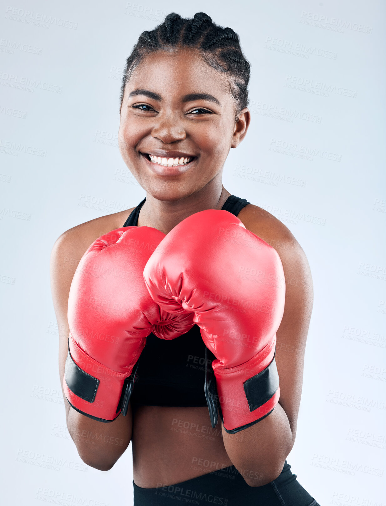 Buy stock photo Black girl, portrait and gloves for boxer in studio, warrior and athlete for fight on white background. Female person, gear and martial arts practice or challenge, training and fitness for battle