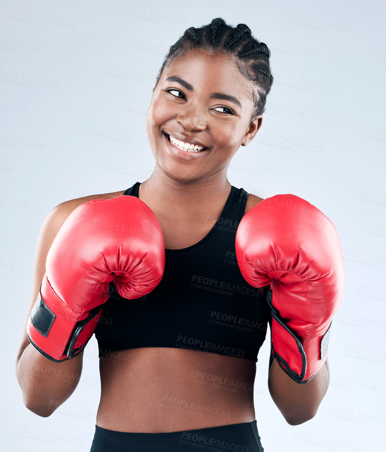 Buy stock photo Black girl, exercise and gloves for boxing in studio, warrior and ready for fight on white background. Female person, gear and martial arts practice or challenge, training and fitness for battle