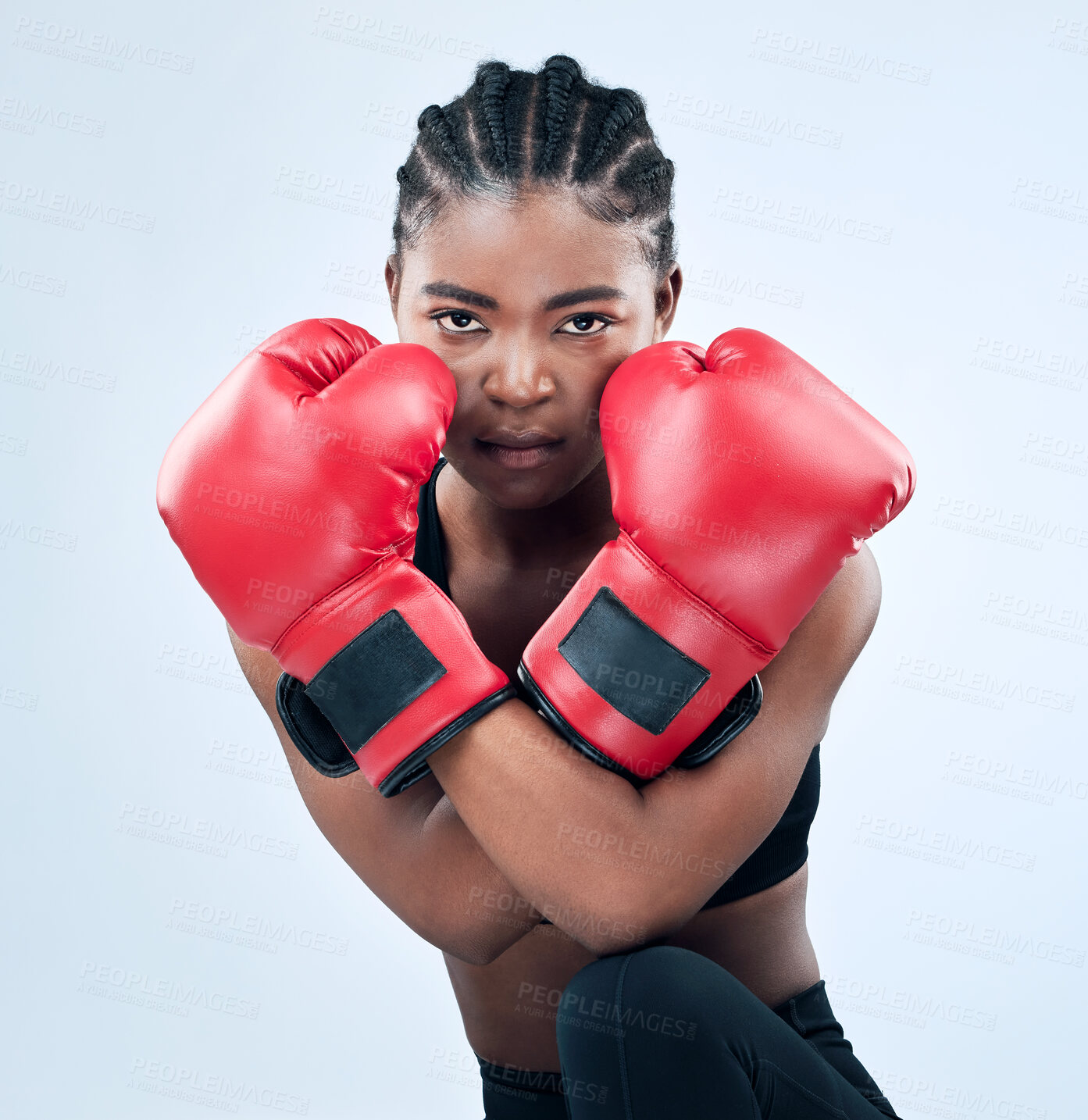 Buy stock photo Black girl, portrait and boxer for fitness in studio, serious and gloves for workout on white background. Female person, fist and martial arts practice or challenge, training and warrior for battle