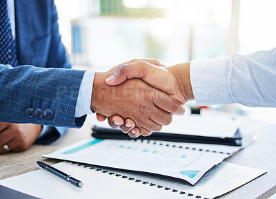 Buy stock photo Agreement, businessmen with handshake and with contract in office at workplace. Business meeting or interview, thank you or crm and people partnership or onboarding shaking hands in a boardroom 