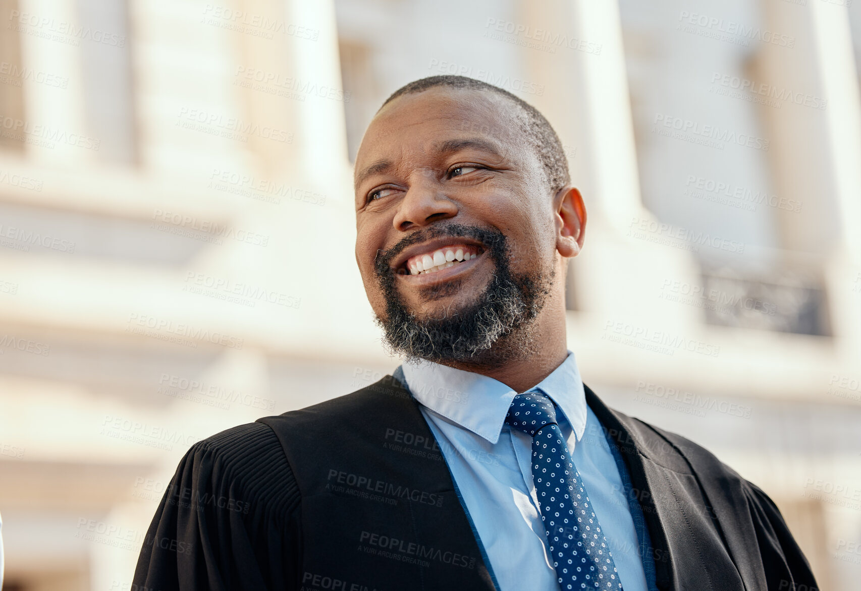 Buy stock photo Black man, happy and judge outdoor for business, confidence and professional career with ambition. Lawyer, smile and positive in city for justice, law firm and legal support as attorney or advocate