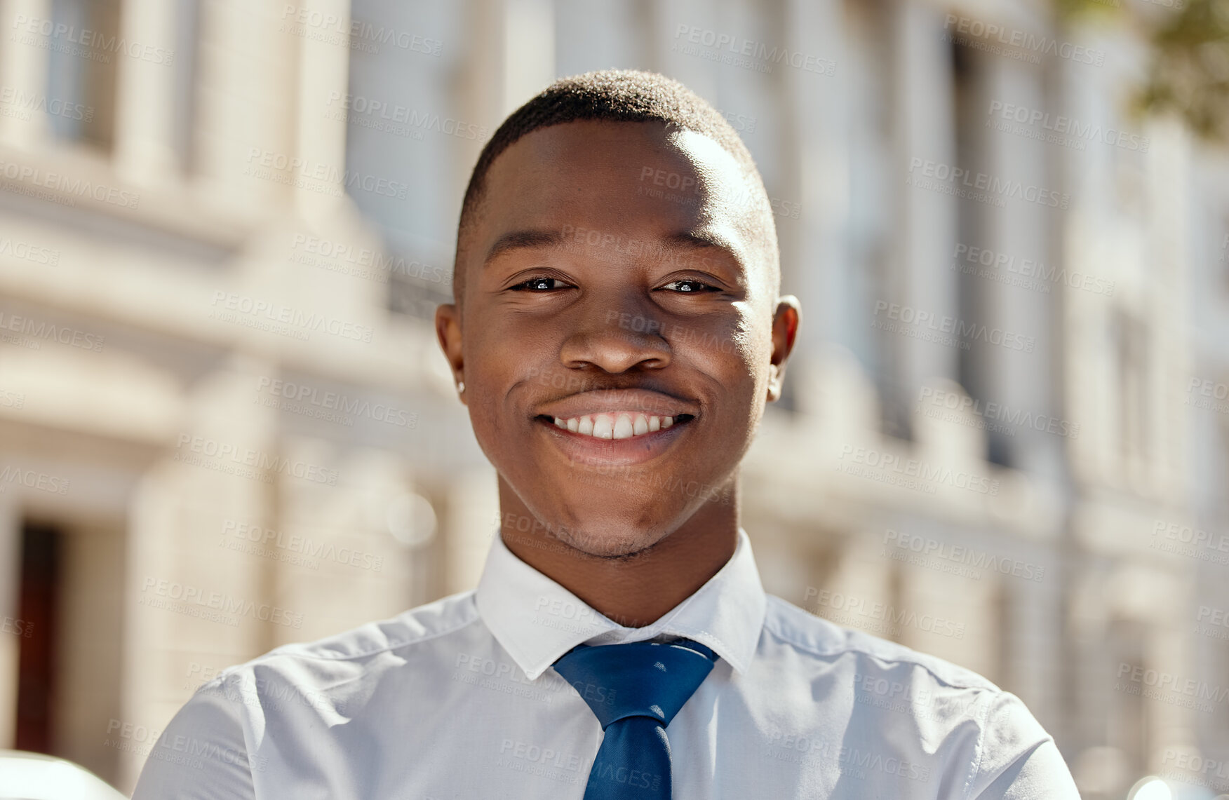 Buy stock photo Black man, happy and portrait outdoor for business, confidence and professional career with ambition. Lawyer, smile and positive outside for justice, law firm and legal intern as attorney or advocate