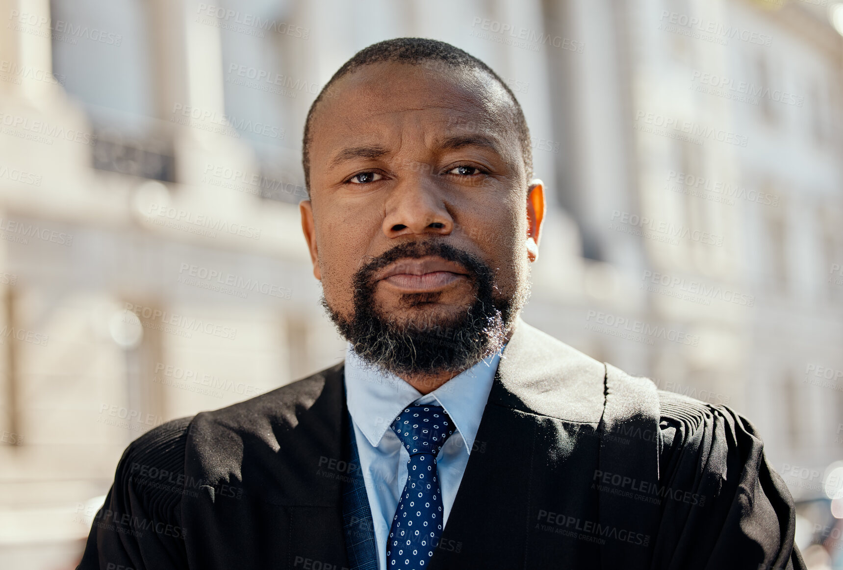 Buy stock photo Judge, lawyer and mature black man with portrait in city for justice, formal law and pride. Professional, legal and advocate with face of attorney at courthouse for advisor, corporate and consultant