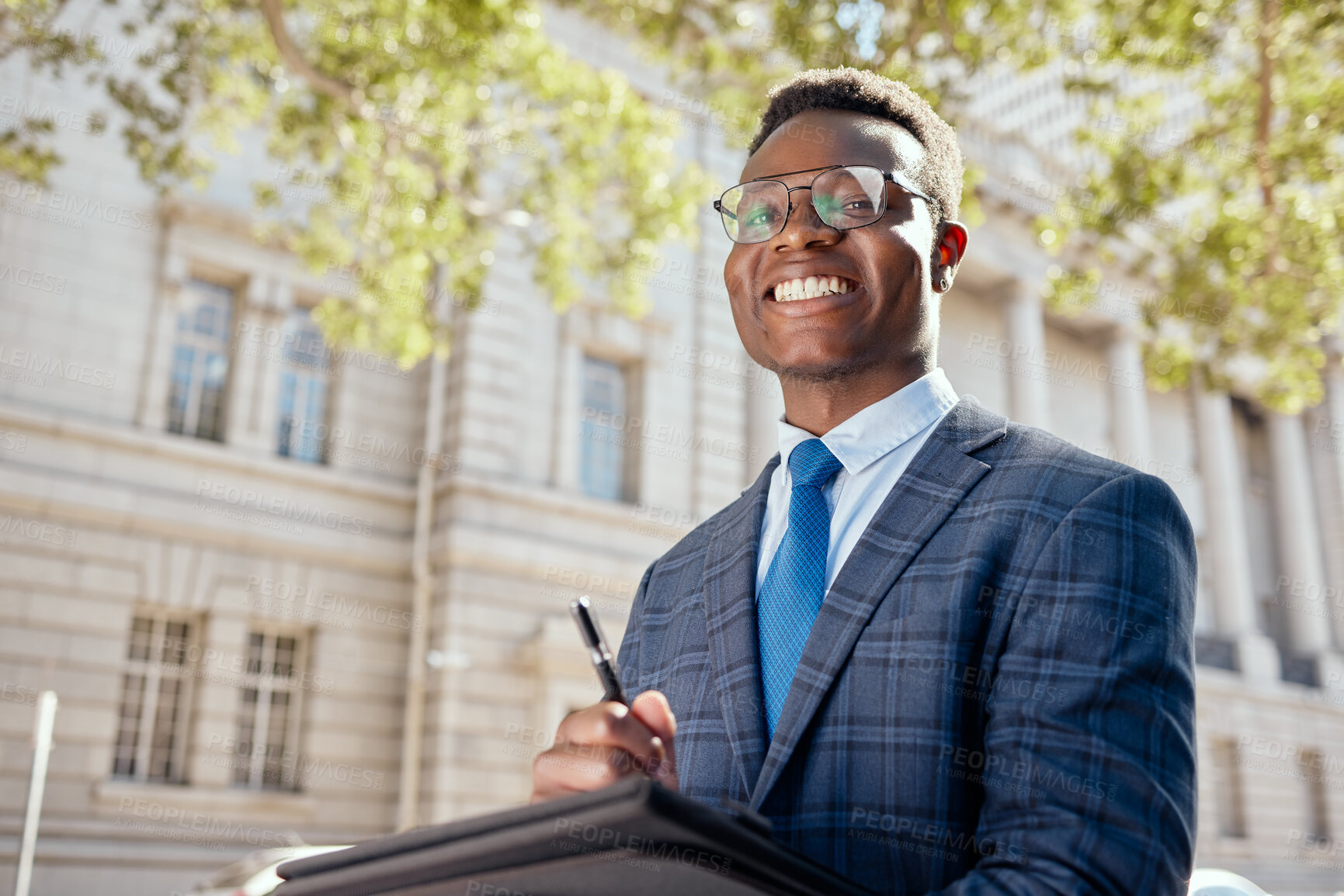 Buy stock photo Portrait, documents and black man in city, writing and smile with lawyer, contract for job and New York. African person, employee or attorney with paperwork, urban town or professional with happiness