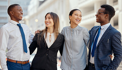 Buy stock photo Team, smile and business people in city for support, diversity and coworking in town. Happy, group or corporate workers outdoor for cooperation, community or urban planner laugh at funny conversation