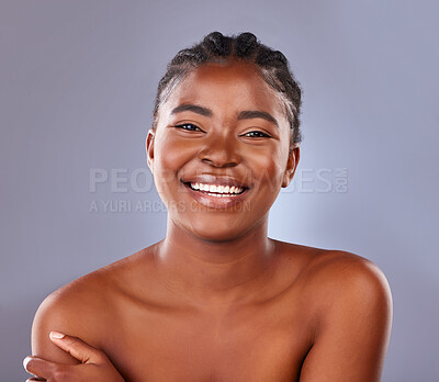 Buy stock photo Beauty, portrait and smile of happy black woman in studio on gray background for cosmetic wellness. Aesthetic, facial and skincare with model glowing at spa for dermatology or vitamin c treatment