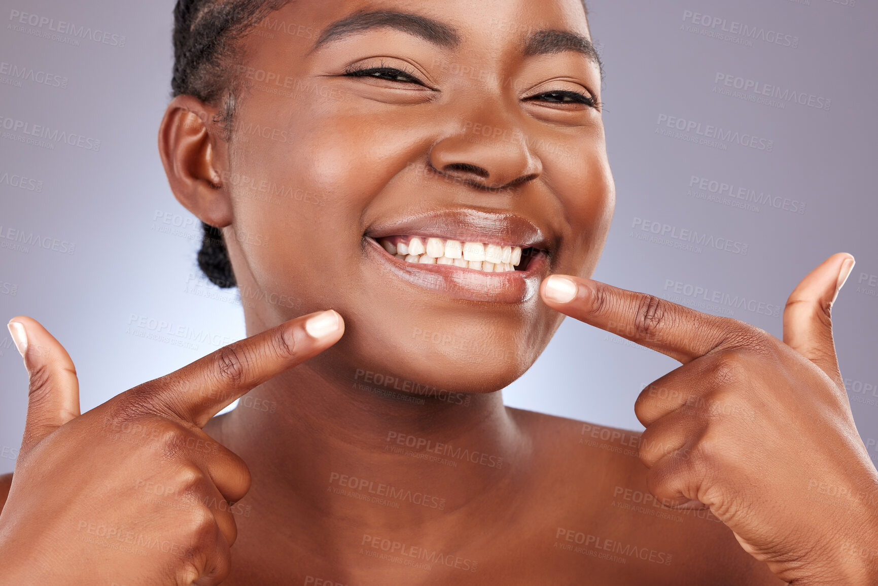 Buy stock photo Black woman, portrait and dental hygiene for teeth in studio with cleaning, whitening and gum treatment. Smile, person and mouth for oral care, veneers or excited results on purple background