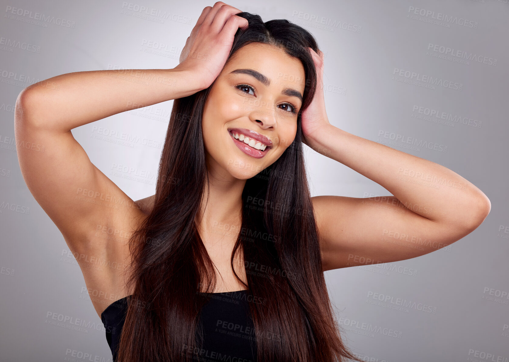 Buy stock photo Portrait, smile and woman haircare in studio for growth, healthy shine and treatment transformation results. Pride, female person and beauty or straight hairstyle, keratin glow and grey background