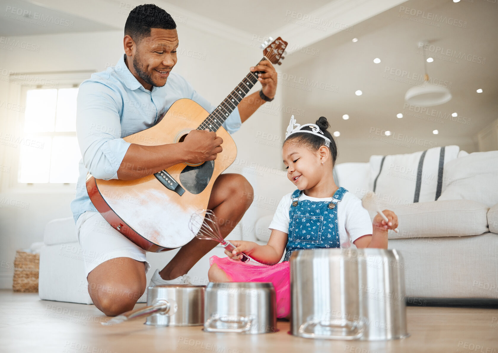 Buy stock photo Father, child and play guitar, drums and music with pots on floor in home living room. Dad, kid and girl with acoustic instrument for learning, creative fun and happy family sing or bonding together