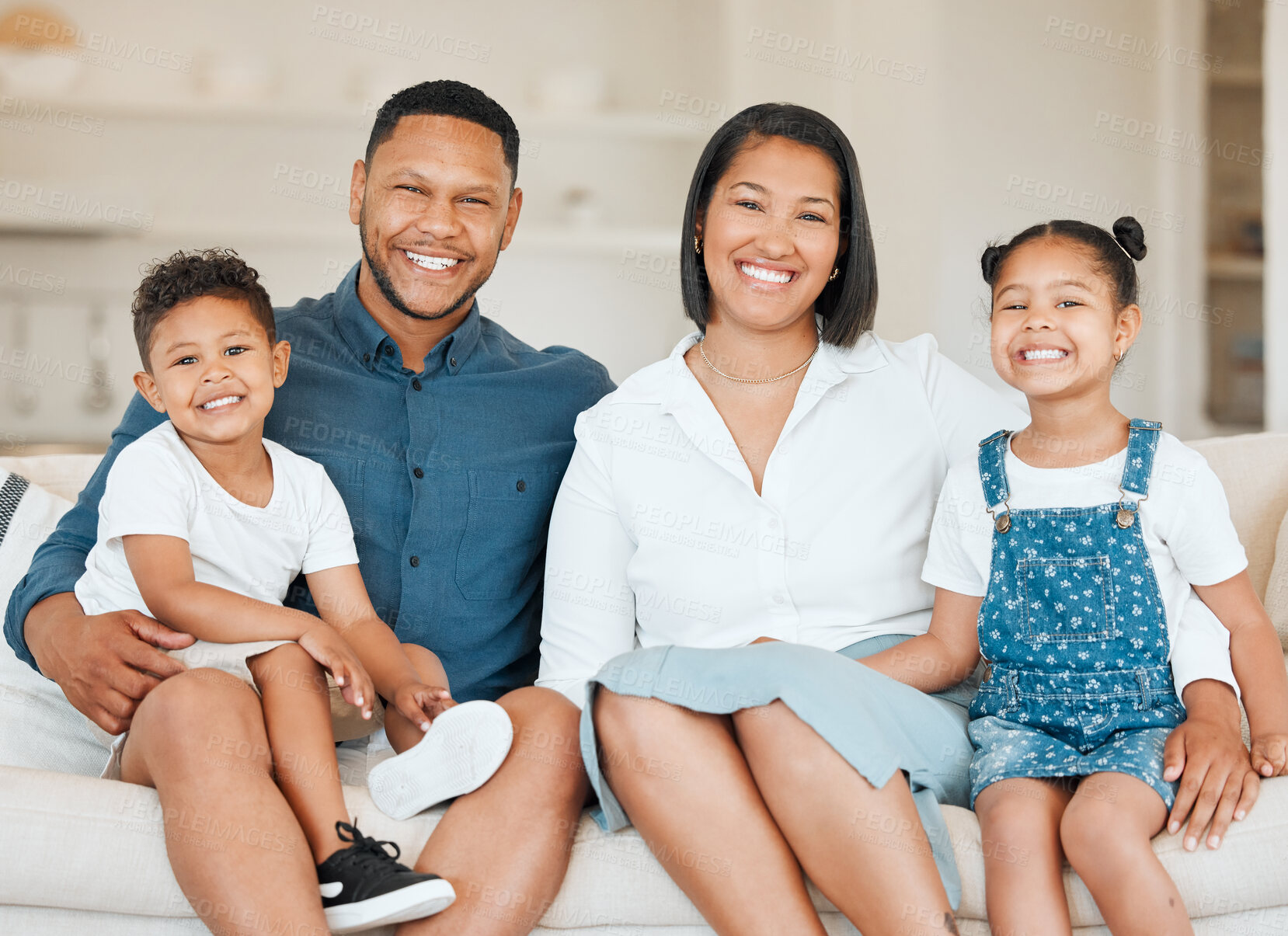 Buy stock photo Happy family, portrait and hug with sofa for holiday, weekend or bonding together at home. Mother, father and children or siblings with smile for childhood, love or comfort on lounge couch at house