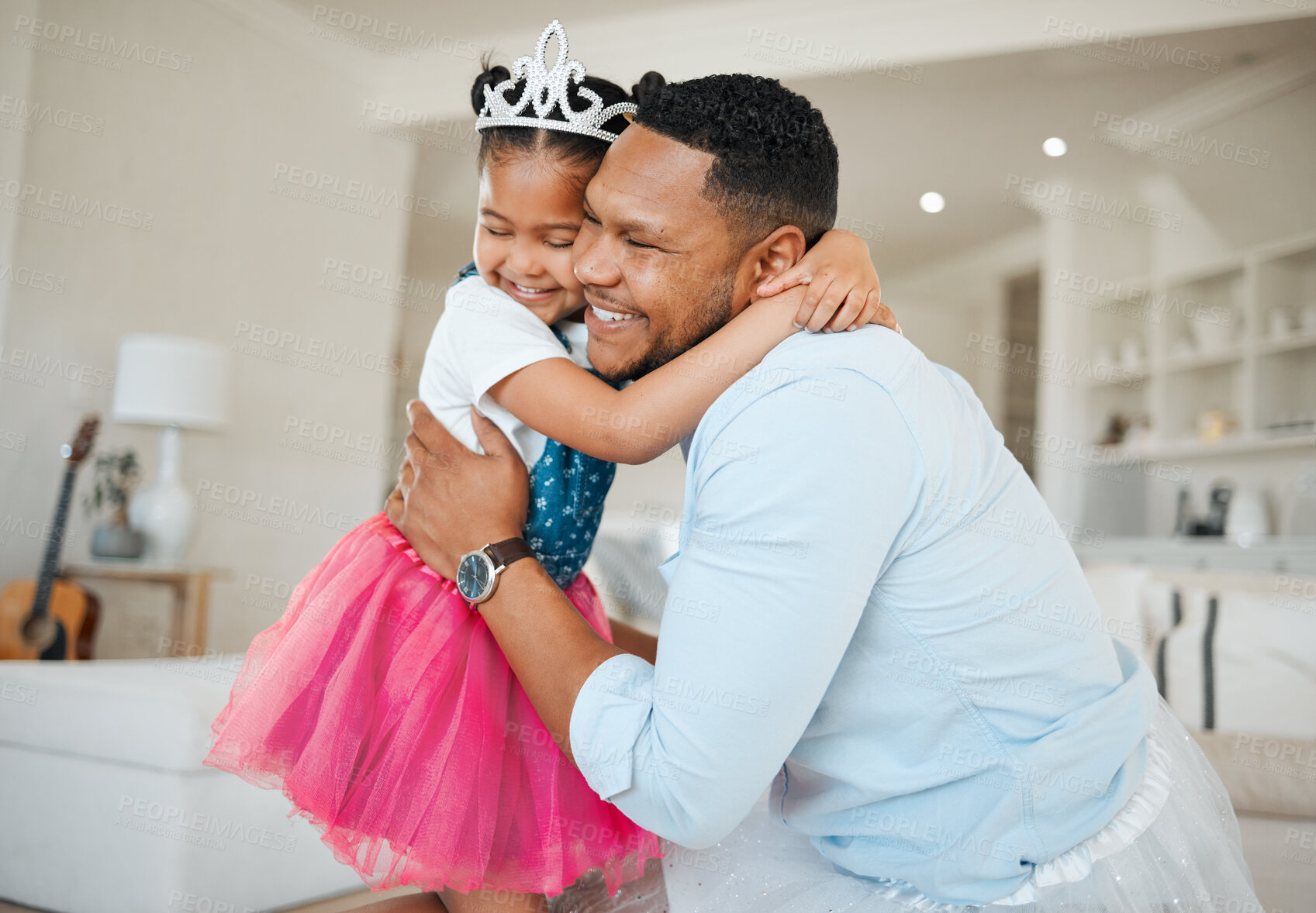 Buy stock photo Happy father, daughter and princess with hug in tutu for bonding, love or care with parent at home. Dad, child or little girl with cosplay or affection for fun childhood, support or embrace at house