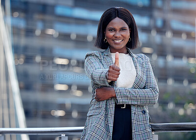 Buy stock photo Portrait, thumbs up and black woman smile in city for business, support or outdoor success. Face, like hand gesture and African female professional with emoji for winner, goal or thank you for vote.