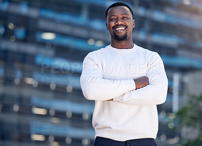 Buy stock photo City, happy and portrait of a black man with arms crossed for work, creative expert and happiness. Smile, graphic designer and an African businessman in an urban town with confidence and proud