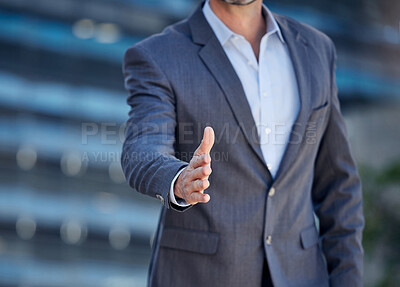 Buy stock photo Business man, handshake offer and city for hello, thank you and human resources in urban town. Male person, consultant and deal in outdoors, b2b connection and agreement in onboarding or promotion