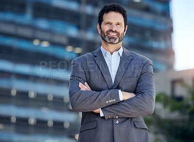 Buy stock photo Business man, confident and portrait in city, outdoors and proud of career opportunity in town. Male person, arms crossed and professional for ambition at startup company, urban and positive in Italy