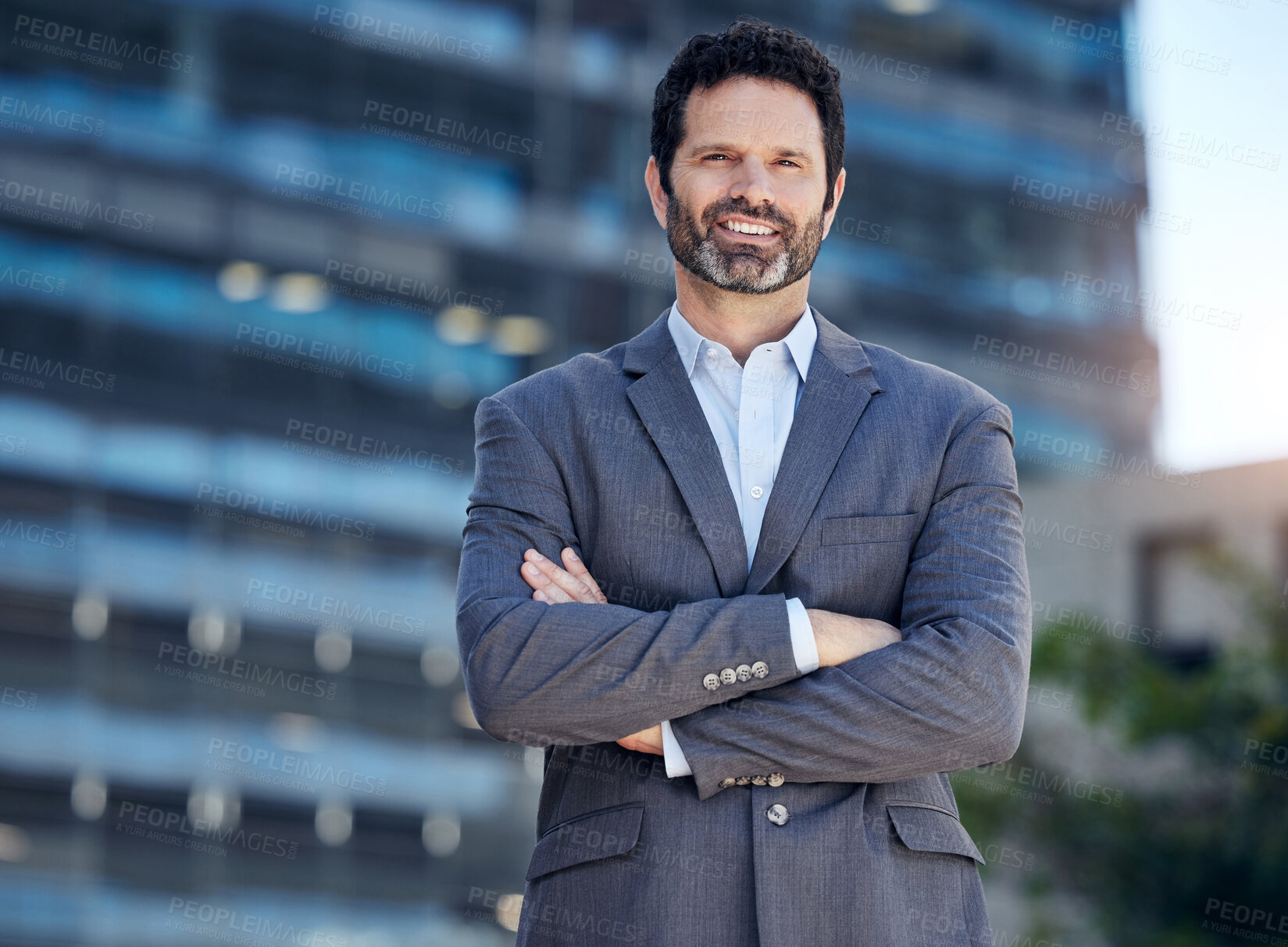 Buy stock photo Business man, confident and portrait in city, outdoors and proud of career opportunity in town. Male person, arms crossed and professional for ambition at startup company, urban and positive in Italy