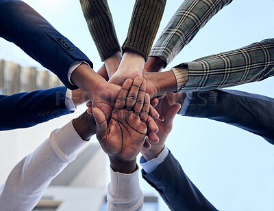 Buy stock photo Group, hands and together in circle for celebration, collaboration or people in business, company and teamwork. Businesspeople, below and celebrate success, deal or outdoor workplace team building 