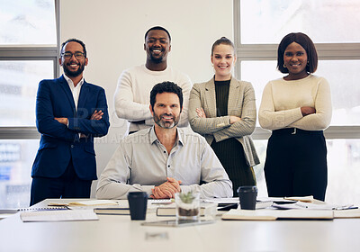 Buy stock photo Business, diversity and portrait of team in office together with confidence, leadership and management for solidarity. Company, collaboration and group of people in workplace for community or trust