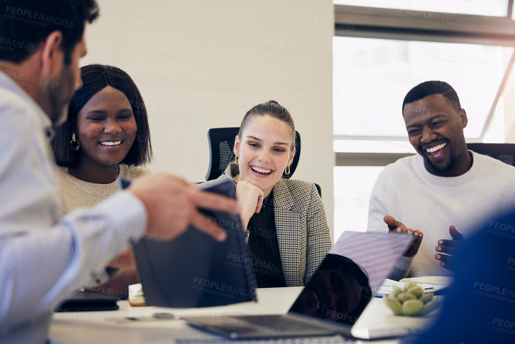 Buy stock photo Staff, business people and group in a meeting, funny or startup success with teamwork, collaboration or partnership. Coworkers, team or men with women, technology or paperwork with feedback and smile