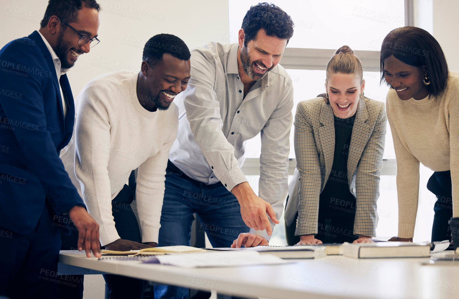 Buy stock photo Happy business people, laughing and meeting in team collaboration, documents or paperwork at office. Friendly group of employee workers laugh for funny teamwork, planning or fun project at workplace