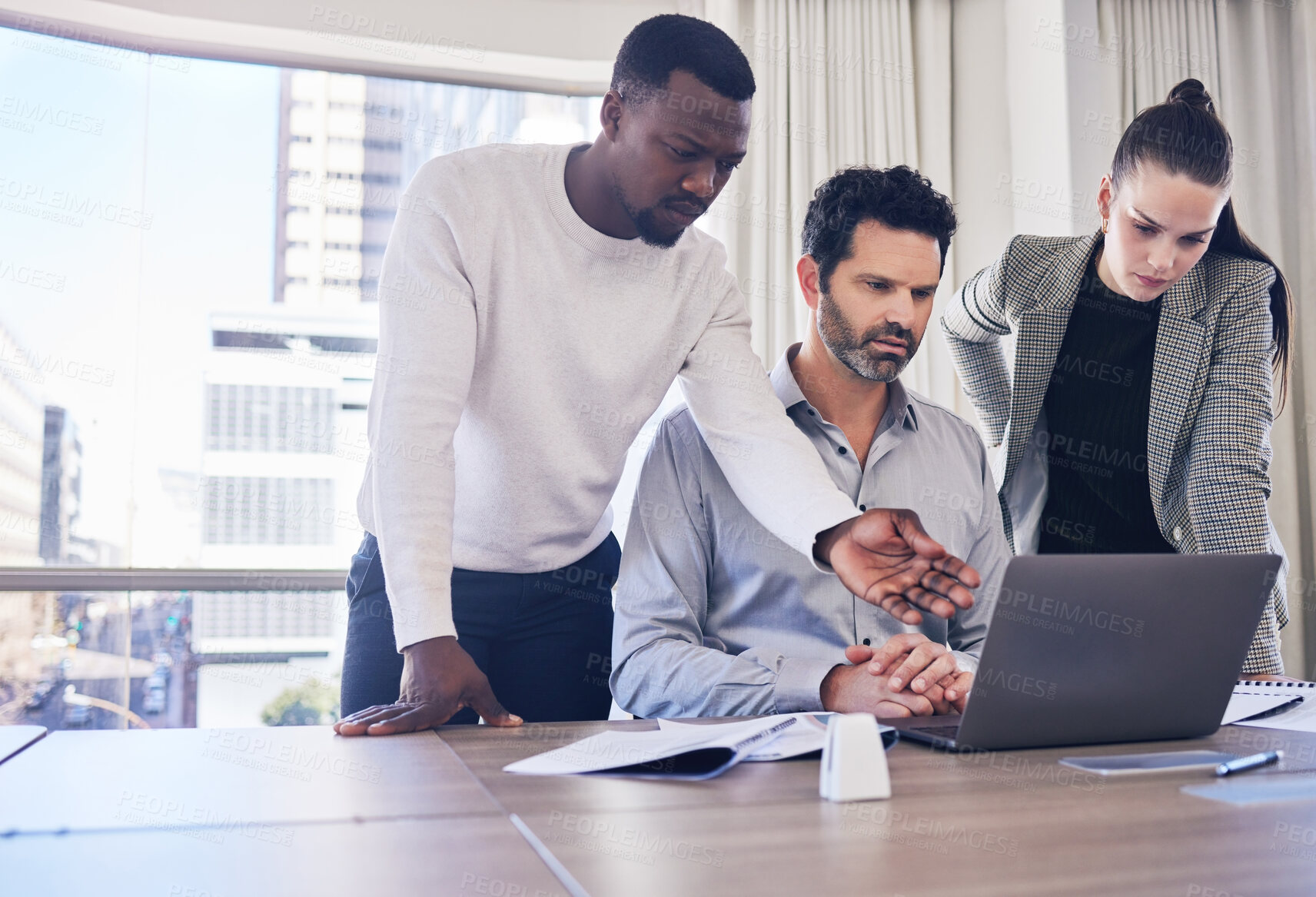 Buy stock photo Group, business people and laptop in office for discussion, planning and strategy for finance, project and diversity. Men, woman and computer in workplace with teamwork, problem solving and solution