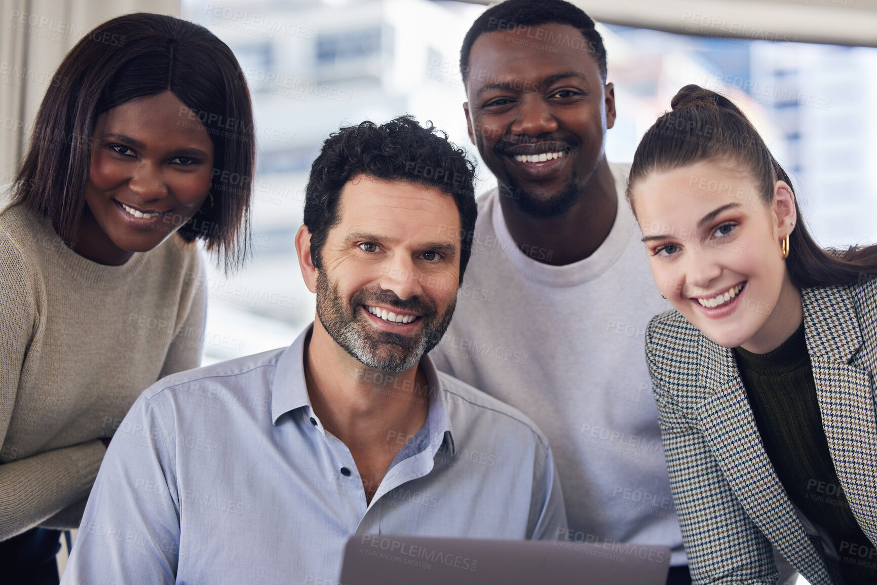 Buy stock photo Mature man, group and diversity in portrait as mentor with happy, internship and workplace for experience. Team, leader and smile in office or boardroom as colleagues in collaboration for project