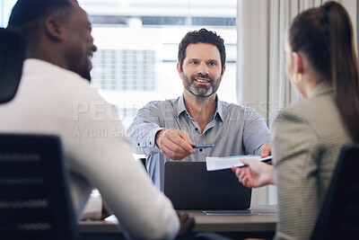 Buy stock photo Mature man, hiring and employee in contract as hr manager as successful, candidate and workplace for experience. Male person, hr and offer in office in onboarding in recruitment, selection or choice