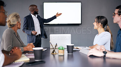 Buy stock photo Businessman, coaching and meeting on mockup screen for project management or planning at the office. Black man, coach or business mentor in team presentation or training staff on mock up at workplace