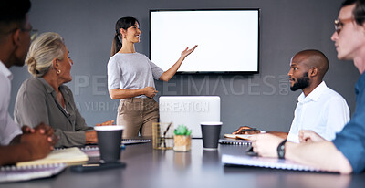 Buy stock photo Woman, coaching and presentation in meeting with mockup screen for team strategy or project management at office. Female person, coach or mentor with smile in staff training on mock up at workplace