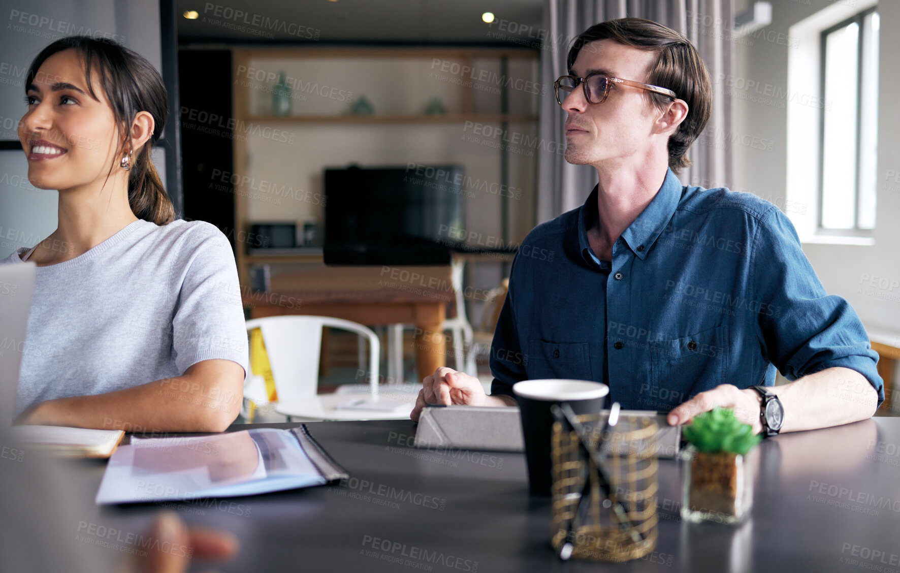 Buy stock photo Team, business people and meeting in conference room for discussion, planning or creative editor brainstorming in startup. Group, listening and collaboration on project strategy in training workshop