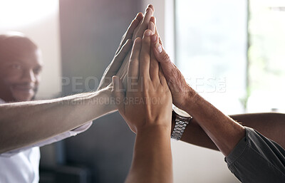Buy stock photo Group, business people and high five for motivation with teamwork, synergy or diversity at insurance agency. Businessman, hands and goal with happiness for team building, solidarity and collaboration