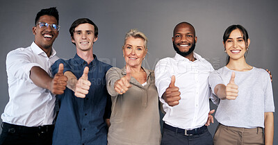 Buy stock photo Group portrait, business people and thumbs up by wall with teamwork, smile or diversity at insurance agency. Men, women and hand emoji with sign for team building, solidarity or agreement in office