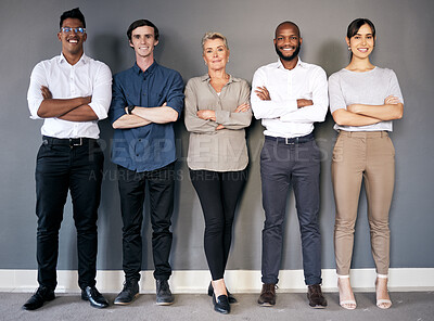 Buy stock photo Group portrait, business people and arms crossed by wall with teamwork, smile and diversity at insurance agency. Men, women and together with happiness for team building, solidarity and collaboration
