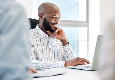 Buy stock photo Laptop, meeting and happy business man for report, proposal or online review of results, company agenda or thinking. Email, workshop and african person on computer, conference room or reading summary