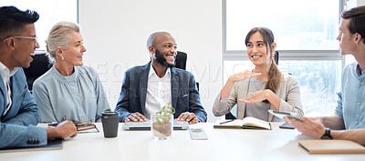 Buy stock photo Meeting, planning and collaboration with a business woman talking to her team in the boardroom at work. Teamwork, strategy and brainstorming with a female employee in the office to explain her vision