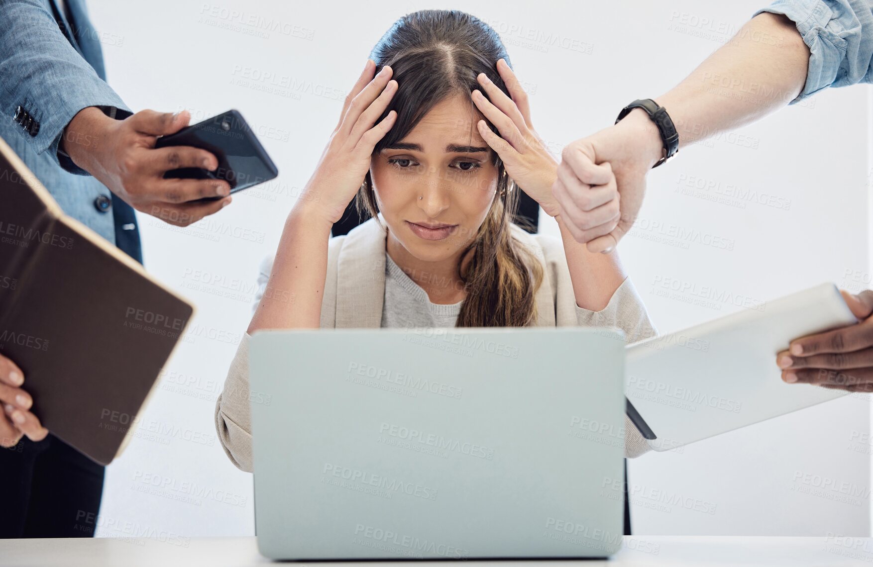 Buy stock photo Business, woman and stress for hands with technology for multitasking, work pressure and overload or task deadline. Time management, burnout and headache of workload or delegation and overwhelmed.