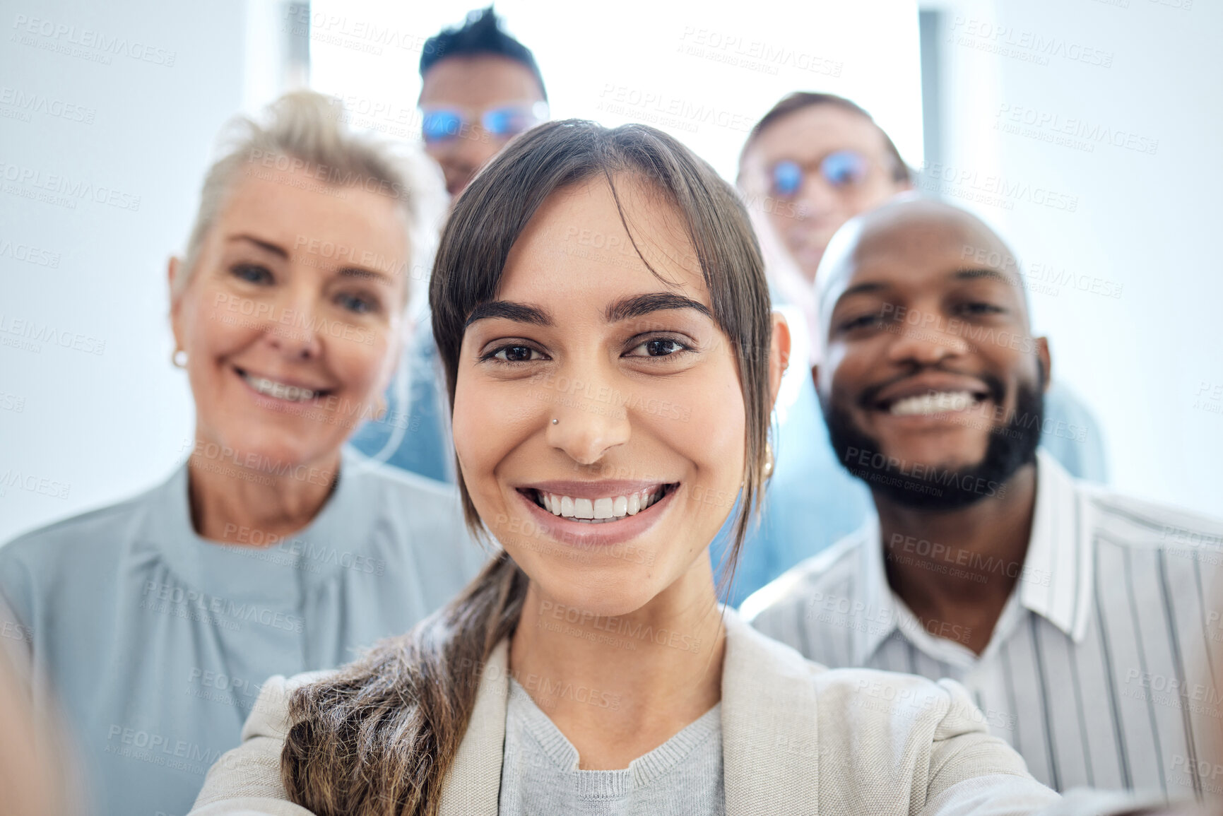 Buy stock photo Portrait, happy woman and team selfie of business people in office for collaboration, about us or solidarity in startup. Group, face or picture of staff together, agent and manager of diverse friends