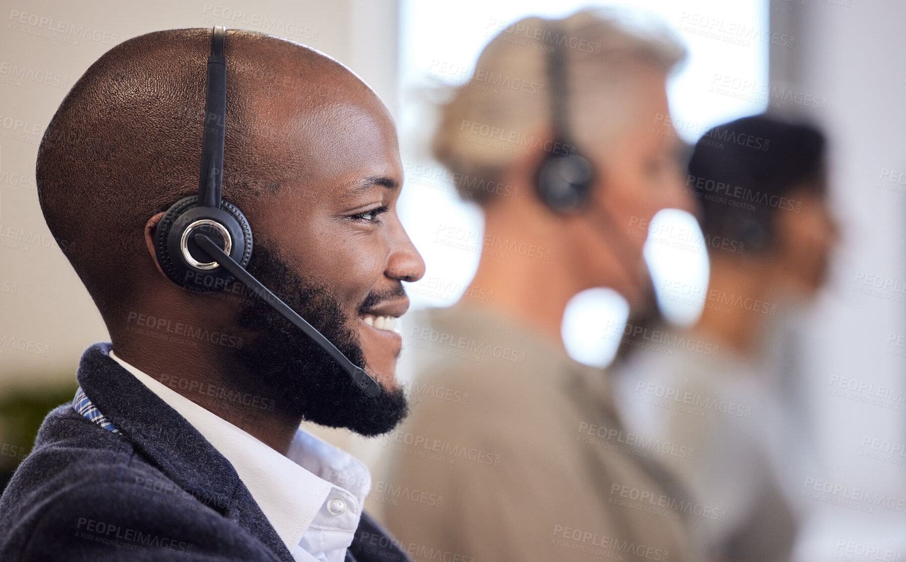 Buy stock photo Call center, headset and black man in office for customer service, consulting or telemarketing. Virtual agent, contact us and male employee with advice for communication, assistance or support 