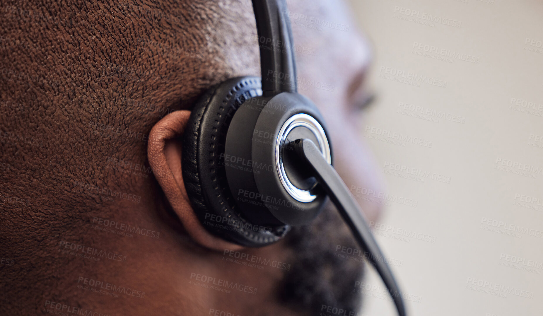 Buy stock photo Man, back and call centre agent with headset, head and customer service support or employee operator. Telemarketing, company and mission or contact us with consultant, advice and professional help