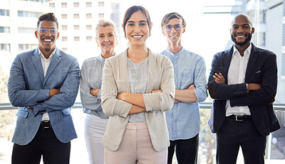 Buy stock photo Business, team and portrait with arms outdoor at office with happiness, diversity for working in startup. Professional, group and arm with smile on a balcony at a company with employee in workplace. 