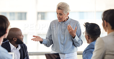 Buy stock photo Meeting, planning a management business woman talking to her team of staff in the boardroom for company vision. Coaching, leadership and mentor with a female CEO in discussion with her employee group