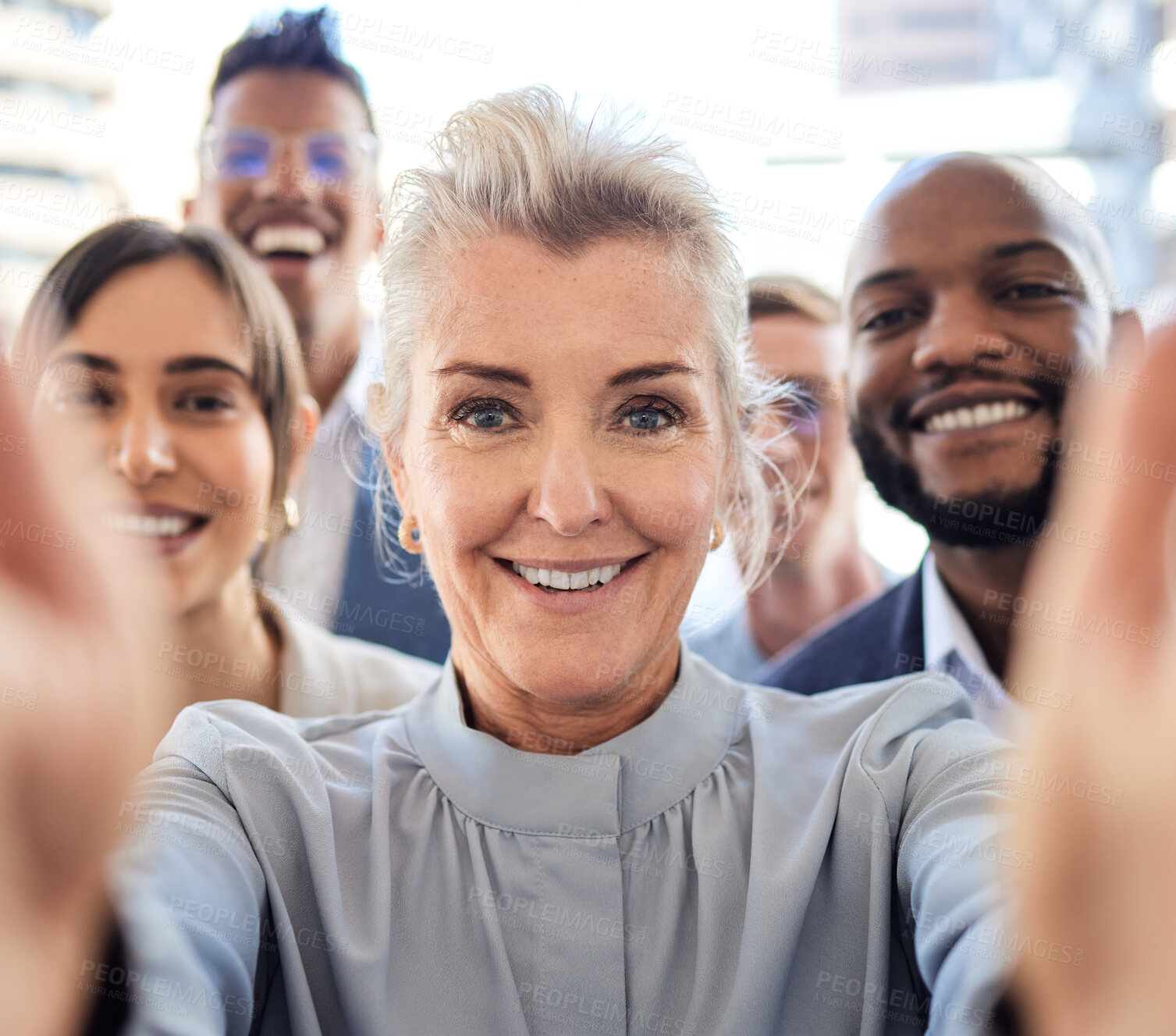 Buy stock photo Business people, portrait and selfie for winning, good job or team success together at office. Group, happy manager and workers with happiness and smile for solidarity or union in professional work
