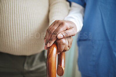 Buy stock photo Cane, senior patient and nurse holding hands for support, healthcare and kindness at nursing home. Elderly person and caregiver together for homecare, rehabilitation or help for health in retirement 